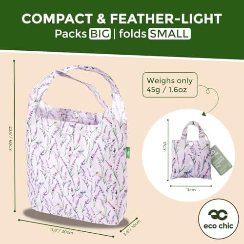 ECO CHIC Lightweight Foldable Reusable Shopping Bag Water Resistant Tote Bag (Lavender with Dragonfly Lilac) — view 4