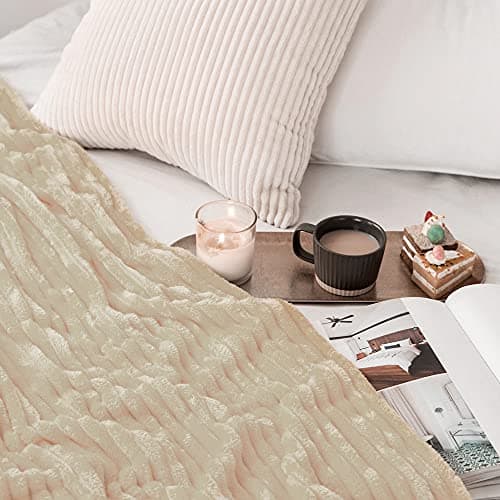 MIULEE Flannel Fleece Throw Blankets Soft Warm Comfortable Throws for Sofa Corduroy Fluffy Blanket Bed Throw for Bedroom Couch Travel Kids Bedroom Accessories 50x60Inch Cream — view 3