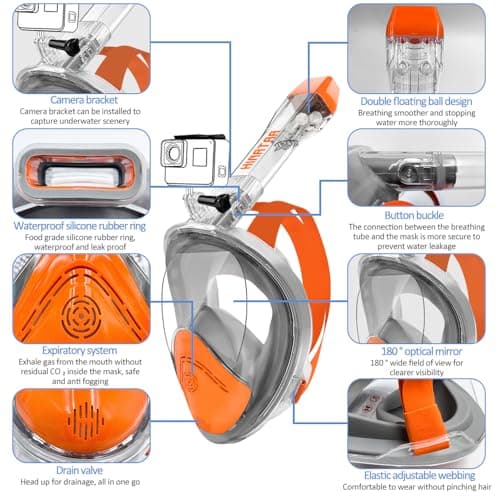 HINATAA 180°Full Face Snorkel Mask,Double Floating Ball Design Anti-Leak Free Breathing,Full Dry Anti Fog Breathing System Snorkeling Mask,Professional Snorkeling Set (Orange, S/M) — view 6