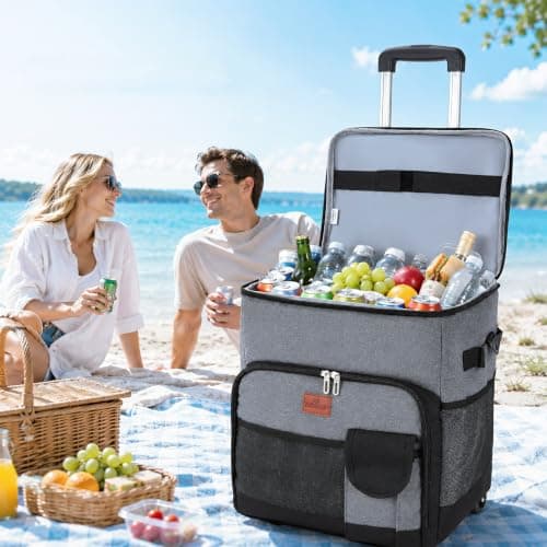Cool Bag, 50L Large Cooler Box on Wheels, Leakproof Insulated Cooler Bag with Stable All Terrain Cart & Handle, Portable Wheeled Picnic Thermal Bag for Camping Beach Fishing Grocery Shopping Travel