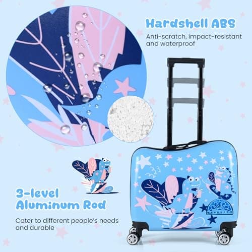 COSTWAY 2PCS Kids Luggage Set, Children Backpack and Ride-on Suitcase with Footrest, Anti-Lose Rope, Travel School Trolley Hardshell Case for Boys Girls (Dinosaur, 28cm Backpack + 33cm Suitcase) — view 4