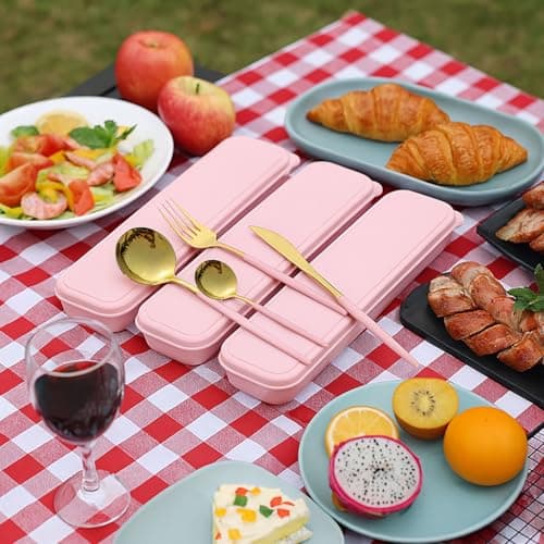 4pcs Stainless Steel Cutlery Set with Case - Travel Flatware for Lunch, Camping, School, Picnic, Workplace - Fork, Knife, Spoon Included (Pink) — view 3