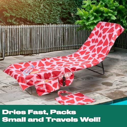 Brentfords Sun Lounger Beach Towel with Pockets, Soft Quick-Dry Absorbent Large Beach Towel in a Bag Lightweight Easy Storage Sun Bed Towels For Beach Holiday Accessories, Pink Hearts - 75 x 215cm — view 3