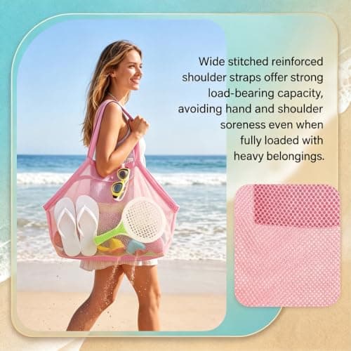 Large Mesh Beach Bag,Beach Toy Bag for Kids,Mesh Beach Bags,Foldable Toys Net Tote Bags Waterproof Lightweight for Sand Storage for Wet Towels Swim Pool Travel Essentials Accessories (40x24x38 cm) — view 6