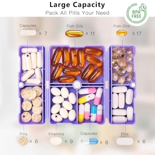 FYY 7 Day Pill Organiser, Travel Tablet Box, [Foldable Design] Weekly Medication Case, Portable Daily Supplements Storage Organizer for Vitamins, Cod Liver Oil, Small-Purple — view 2