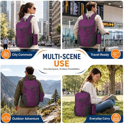 NWDEY Lightweight Foldable Backpack, Waterproof Small Rucksack with Flip Top Main Compartment, 160g Packable Casual Daypack for Men Women Kids, Perfect for Hiking Camping Travel Cycling (Purple) — view 6