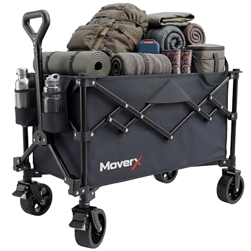 MoverX 120L Festival Trolley on Wheels, Folding Wagon, Portable Camping Cart, Collapsible Foldable Trolly for Beach Outdoor Garden Picnic Shopping Fishing, Wide Wheels, Adjustable Handle, Black