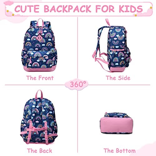 VASCHY Kids Backpack for Girls,Cute Animal Pattern School Bag Daily Children's Rucksack Backpack for School Kindergarten Nursery with Chest Strap And Bottle Pockets(Blue Rainbow) — view 5