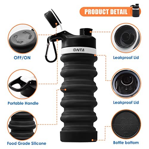 ONTA Collapsible Water Bottle- BPA Free Silicone Foldable Water Bottle for Travel, FDA Approved Food-Grade Silicone Portable Leak-Proof Travel Water Bottle, 20oz Black — view 3