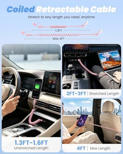 4 in 1 Multi Coiled USB C Cable for Car, 60W 3A Fast Charger Cable & Data Cable for Car Play & Android Auto, USB C/A to Lightning, USB C/A to USB C for iPhone 17 16, Android and Laptop, 4FT/Pink — view 5
