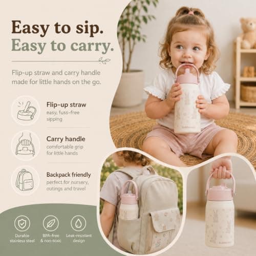 Bubba Bear Kids Stainless Steel Water Bottle | 350ml Kid Drink Toddler Metal Bottles with Leakproof Straw | Childrens & Toddlers Insulated Drinking Cup | Kid Thermal Keep Cold Drinks Flask for School — view 6