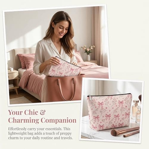 Pink Bow Make up Bag for Women Girls, Cute Coquette Makeup Bags with Zipper, Sweet Lovely Heart, Bow & Floral Preppy Makeup Pouch, Stylish Travel Toiletry Bag Gifts for Womens Teenage Girls — view 4