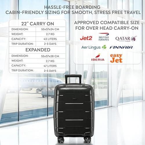 CRUW Hand Luggage 22" Expandable Lightweight Cabin Bag TSA Approved Lock, Silent Wheels Durable Polypropylene Luggage Suitcase Fits 56x45x25cm Overhead Carry On Limit for easyJet, BA & Jet2. — view 3