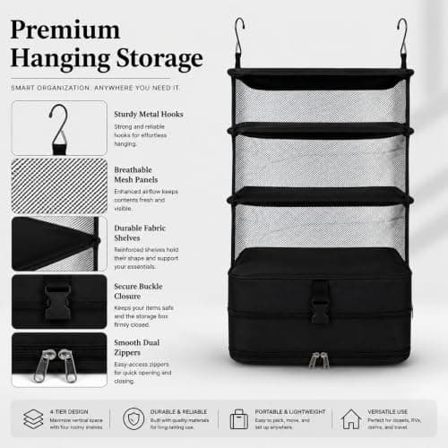 Hbzunt Hanging Suitcase Organiser, Foldable Travel Packing Shelves with Metal Hooks, Portable Hanging Travel Shelves for Wardrobe, M, Black — view 6