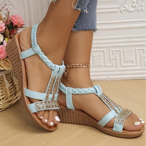 DFSDJEUW clearance today Womens Sandals Wide Fit Comfortable Slip on Wedge Shoes Casual Open Toe Orthopedic Slide Lightweight Summer Cushion Plantar Fasciitis summer sandals women size 7 Light Blue 7 — view 3
