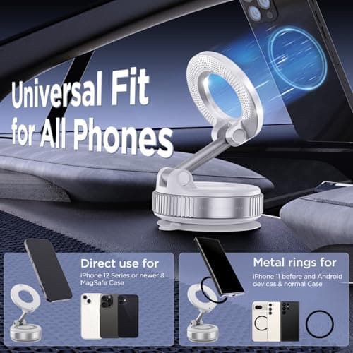 MSXTTLY Magnetic Car Phone Holder Vmag-S1,360° Rotatable Foldable & AdjustableSuction Phone Mount, for iPhone 17 Pro MAX 16 15 14 13 12 & Android, White — view 5