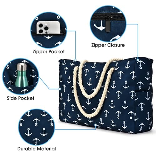 oscaurt Waterproof Beach Bag Large Beach Tote Bag with zip Travel Essential for Swimming Shopping Gym Vacation Lightweight Shoulder Handbags Carryall — view 4