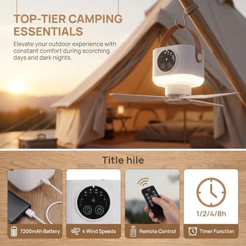 Solvio Portable Camping Fan with LED Light, 7200mAh Rechargeable Tent Fan, Remote Control & Timer, Detachable Blades, 4 Speeds Outdoor Fan for Car Camping Essentials — view 2