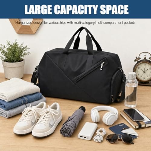 Gym Duffle Bag 30L, Lightweight Travel Gym Bag with Shoe Compartment | Adjustable Strap | Wet-Dry Pocket, Waterproof Sports Holdall for Men Women, Ideal for Overnight Weekender Travel Swimming, Black — view 6