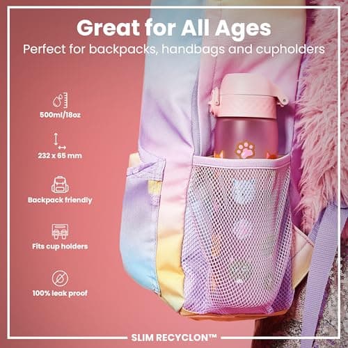 Ion8 Water Bottle, 500ml/18oz, Slim Leak Proof & BPA-Free Drinking Bottle, Secure Lock Prevents Spills, Dishwasher Safe, Carry Handle, Ideal for Adults & Kids - Travel, Gym & School, Cats — view 2