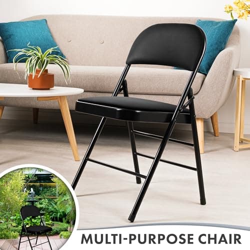 Nyxi Folding Chairs with Padded Paris Faux Leather Seats, Metal Frame, Foldable Chair Home Office Dinning, Multi-Purpose Indoor & Outdoor (Black Leather PVC, 1 X Chair) — view 6