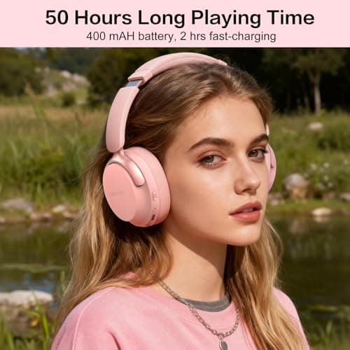 RORSOU B8 Bluetooth Headphones Over Ear, 6 EQ Music Modes and 50H Playtime Deep Bass Wireless Headphones with Mic, Lightweight Folding HiFi Stereo Headset for iPad/Travel/Tablet/PC/Home Pink — view 6