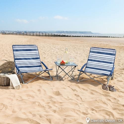 Trail Sisken Low Folding Beach Chair, Navy Blue Stripes — view 2