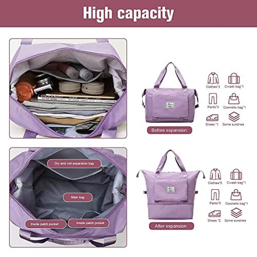 Large Capacity Folding Travel Bag - Lightweight Waterproof Carry On Luggage with Fixed Strap, Dry & Wet Separation - Foldable Travel Duffel Bag for Sports & Gym (Purple) — view 3