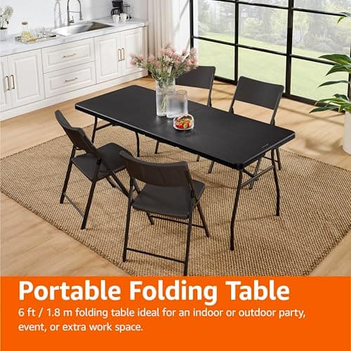 Amazon Basics 6 Foot Rectangular Folding Table with Carrying Handle, Indoor & Outdoor, Portable, Lightweight, Travel Table, Picnic, Camping, Black, 182 x 75 x 73 cm — view 6