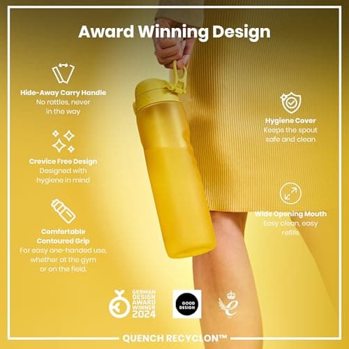 ION8 1 Litre Water Bottle, Leak Proof, Flip Lid, Carry Handle, Rapid Hydration, Dishwasher Safe, BPA Free, Contoured Grip, Ideal for Travel, Gym & Activity, Carbon Neutral Recyclon, 32 oz, Yellow — view 6