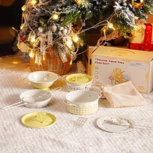 ROBUD Pots and Pans Playset, 8PCS Toy Kitchen Accessories Utensils Set, Kids Kitchen Cooking Set for Pretend Play Food, Kids Gifts for Girls Boys 3 Year Old +, Yellow — view 5