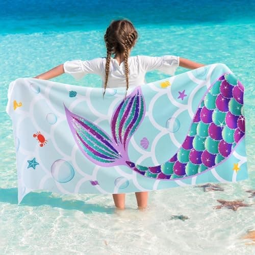 WERNNSAI Mermaid Microfibre Beach Towel for Kids, 76 x 150cm Bath Towel