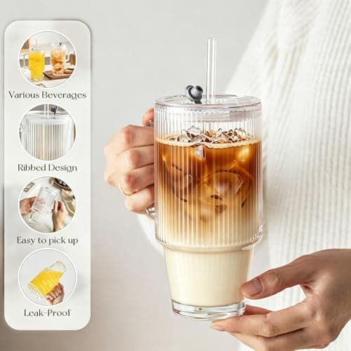 KEMORELA 24oz / 710ml Ribbed Glass Tumbler with Handle, Lid & Straw – Iced Coffee Glass Cup, Matcha & Smoothie Drinking Glass, Reusable Travel Cup with Straw and Lid — view 6