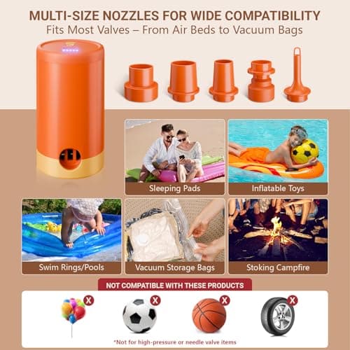 HAFOEEP Mini Electric Air Pump for Inflatables, USB Rechargeable, Fast Inflating & Deflating, 5 Nozzles for Air Bed Mattress Paddling Pool Toys Swimming Ring Vacuum Bags, Portable Air Pump Camping — view 5