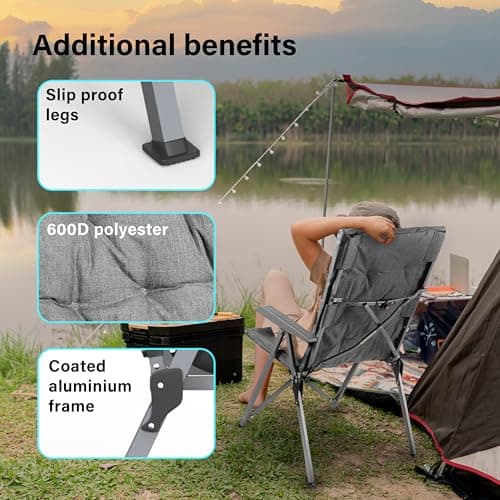Luxury Adjustable Camping Chair for Adults Heavy Duty Outdoor 4-Position High Back Oversized Garden Padded Folding Chair for Caravan Dining Beach Picnic Fishing 150kg Load Capacity Grey — view 6