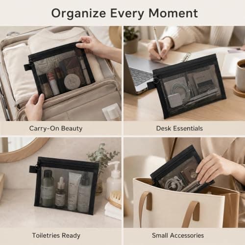 4 Pcs Nylon Mesh Zipper Bags for Cosmetics, 3 Sizes Waterproof Clear Makeup Pouch Organiser for Travel, Toiletries & Small Accessories, Black — view 5