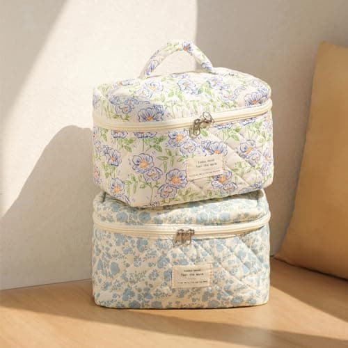 uekeboag Large Travel Quilted Makeup Bag for Women, Cotton Floral Cosmetic Bag, Coquette Aesthetic Toiletry Organizer Bag, Light Blue-Flower — view 6