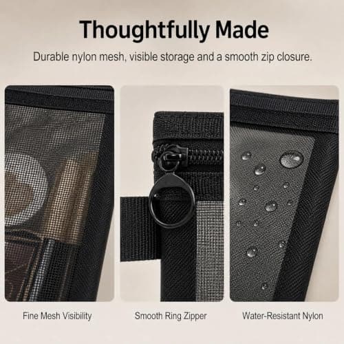 4 Pcs Nylon Mesh Zipper Bags for Cosmetics, 3 Sizes Waterproof Clear Makeup Pouch Organiser for Travel, Toiletries & Small Accessories, Black — view 4