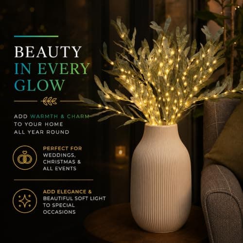 Festive Lights - 3 x 65cm Decorative Olive Leaf Branch Lights (1 Pack) with 60 Warm White LEDs - Battery Powered Indoor Foliage, Green Design, Timer Function, Clear Cable, Twig Style Vase Display — view 6