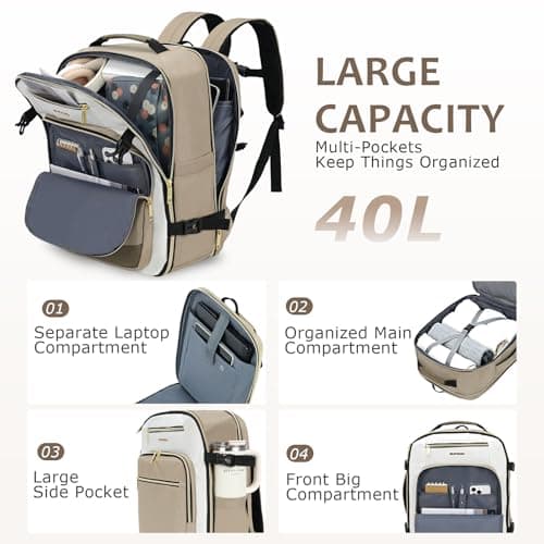 EMPSIGN 40L Travel Backpack for Women Men, Underseat Cabin Bag, Khaki — view 2
