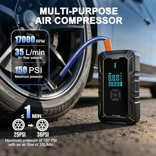 9-in-1 Jump Starter Power Pack with Air Compressor 150PSI, 4500A Car Battery Booster Jump Starter for 9L Gas/8L Diesel, Car Starter Power Bank with Jump leads Car Accessories Jump Starter (BLACK) — view 3
