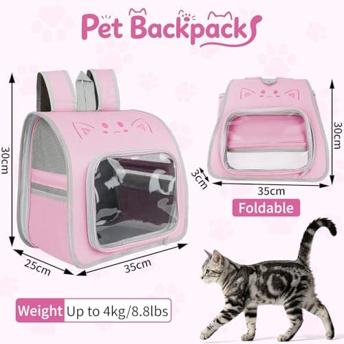 Cat Backpack Carrier, Breathable Pet Carrier Backpack for Small and Medium Cats and Dogs Up to 7kg, Lightweight Soft-Sided Pet Travel Rucksack for Hiking, Walking and Vet Visits (Pink) — view 2