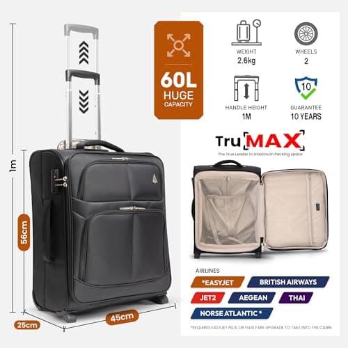 Aerolite 56x45x25cm British Airways Jet2 & Easyjet Upgrade Maximum Allowance Large Lightweight 2 Wheel Carry On Hand Cabin Luggage Bag Suitcase 56x45x25 with TSA Approved Lock Black — view 5