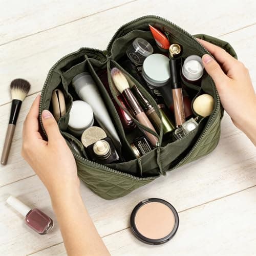 Travel Makeup Bag for Woman,Lay-Flat Puffer Cosmetic Organizer Pouch,Large Capacity Make Up Case Open Flat Toiletry Bags,Cosmetic Bags,Quilted Makeup Bags with Brush Compartment & Handle (Green) — view 5