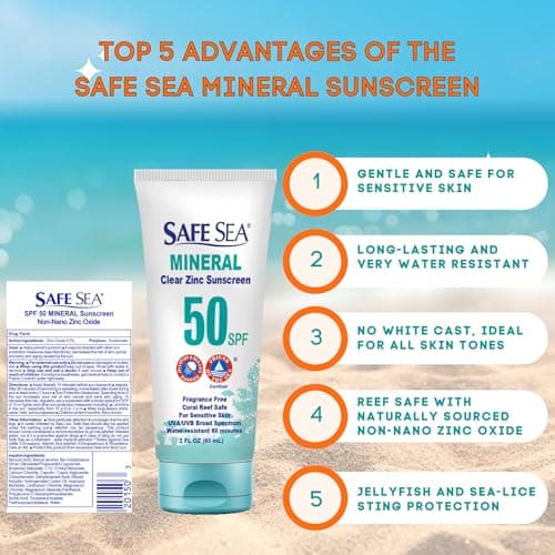 Safe Sea Zinc Oxide Sunscreen SPF50 | Clear Mineral Face Sunscreen Without White Cast | Anti-Jellyfish Sting Protective Lotion | Coral Reef Safe | Travel Size - 60ml (3 tubes) — view 2