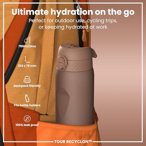 Ion8 Sports Water Bottle, 750 ml/24 oz, Leak Proof, Easy to Open, Secure Lock, Dishwasher Safe, BPA Free, Flip Cover, Carry Handle, Soft Touch Contoured Grip, Easy Clean, Odour Free, Mocha Mousse — view 2
