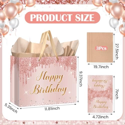 12'' Large Rose Gold Happy Birthday Gift Bag for Women and Girls Pink Present Set with Greeting Card and Wrapping Tissue Paper Birthday Party Decorations Supplies — view 3