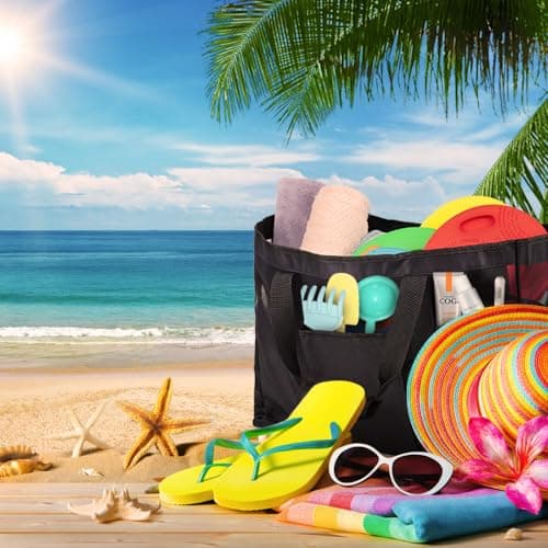 flintronic Large Mesh Beach Bag, Summer Beach Bags with Zipper, Waterproof Travel Tote Nylon Mesh Bags, Multi Pockets Large Shoulder Bag for Travel Picnic Vacation Shopping-60 x 35 x 18 CM — view 3