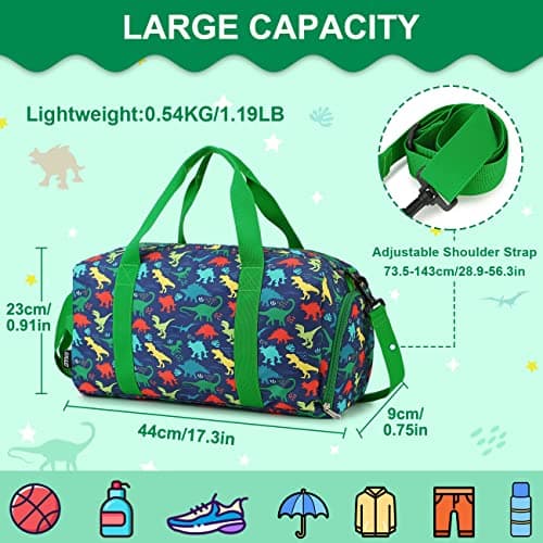 Kids Travel Duffel Bag Boys,19L Sport Bag with Wet-Dry Shoe Pocket,Dinosaur — view 2
