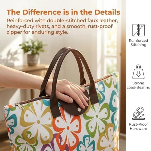 NIFTYY Foldable Zipper Tote Bag for Women – Waterproof Reusable Shopping Bag, Portable Travel Beach Gym Bag with Pocket, Compact Foldable Handbag for Grocery, Travel, Holiday, Pool (colorful) — view 5